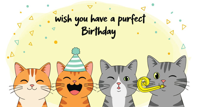 Cute Cats Birthday Card. Cartoon Animal Illustration. Flat Graphic Design. Happy Celebration Greeting.