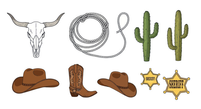 Western Cowboy Elements: Skull, Lasso, Cactus, Hat, Boot, Sheriff Badge
