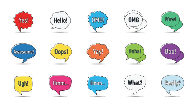 A set of colorful speech bubbles with different expressions