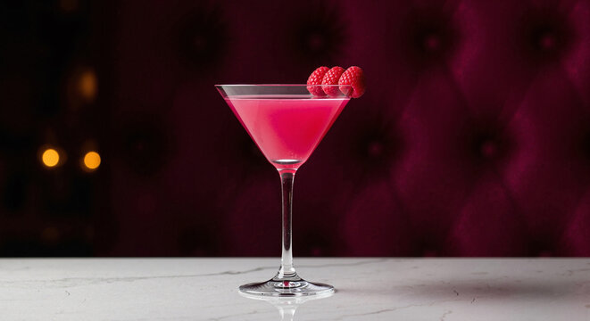 Pink raspberry martini cocktail on a marble bar with dark background.