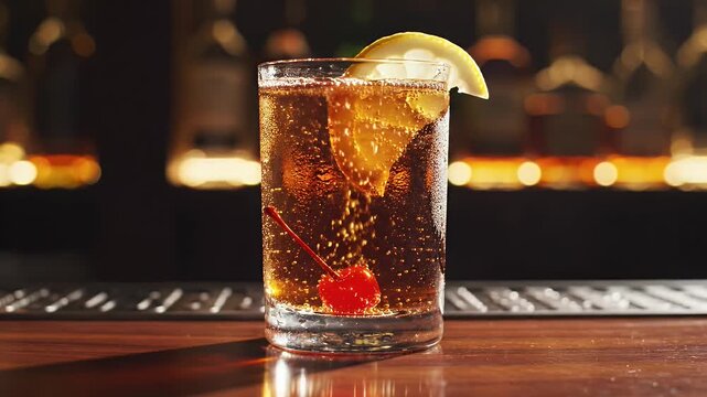 Elegant Cocktail Garnish in Bar - A sparkling brown cocktail with a lemon wedge and maraschino cherry garnish sits on a wooden bar top.