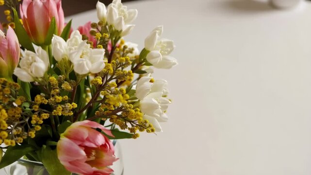 Colorful spring bouquet with tulips, mimosa, and freesia flowers rotating on a white table
