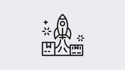 Fototapeta premium A simple black line drawing of a rocket ship launching from a bar graph with plus signs and starbursts on a white background