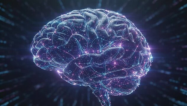 Futuristic digital brain composed of interconnected nodes and light pathways, data pulses traveling across neural connections, glowing blue and purple tones, slow organic movement