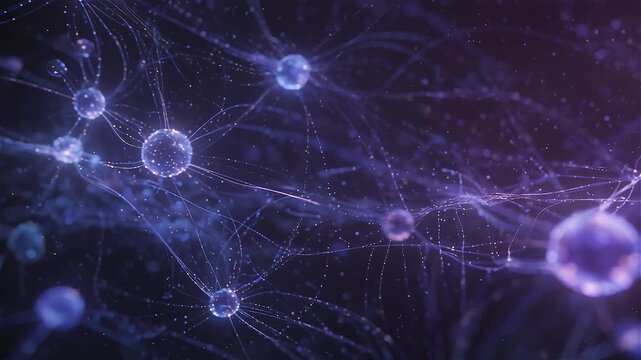 Abstract quantum field visualization with floating glowing particles connected by shifting energy lines, constantly reconfiguring network structure, soft violet and blue tones