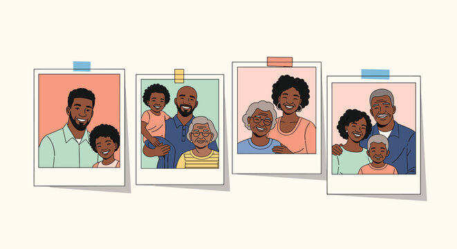 Set of four instant photo prints showing different generations of a happy black family from childhood to old age.