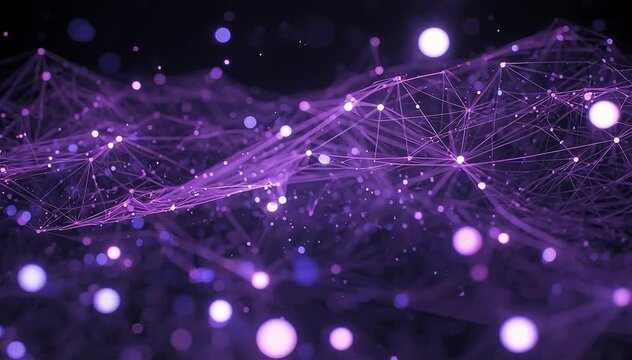 Abstract quantum field visualization with floating glowing particles connected by shifting energy lines, constantly reconfiguring network structure, soft violet and blue tones