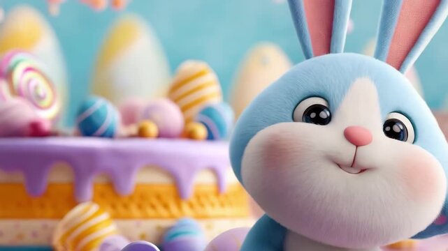 Cute blue bunny face smiling, celebrating easter with pastel cake and colorful eggs