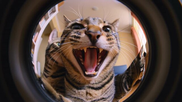 A close-up photo of a tabby cat yawning aggressively indoors through a peephole.