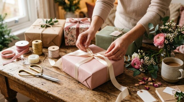 Hands carefully wrapping beautiful gifts with pastel paper, ribbons and flowers on a rustic wooden table, crafting thoughtful handmade presents ready for special celebrations
