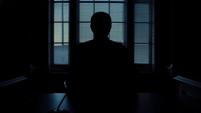 Mysterious Silhouette Behind Blinds Watching. Anonymous Person Seated Facing Light Through Window Blinds