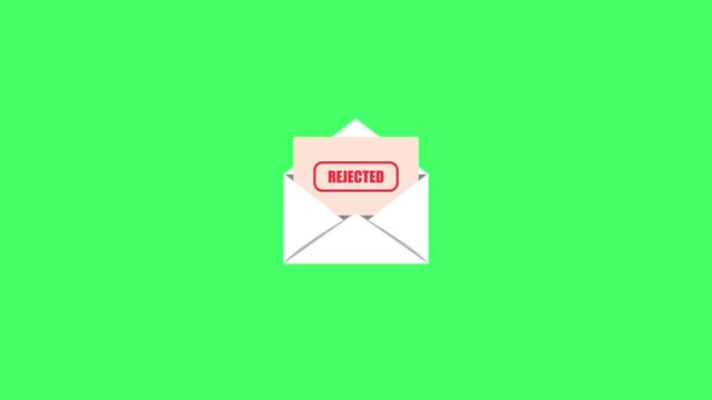 Animation Motion Rejected Letter in Open Envelope on Green Background, Mail Rejection Concept for Business and Communication