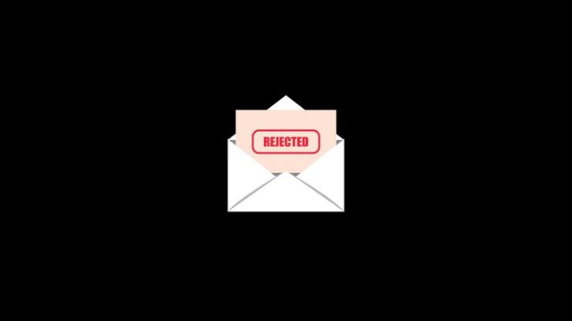 Animation Motion Rejected Letter in Open Envelope on Black Background, Mail Rejection Concept for Business and Communication