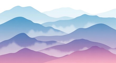 Fototapeta premium Abstract layered mountain landscape with soft gradient colors and mist, pastel blue and purple hills, minimalist foggy scenery, calm modern background