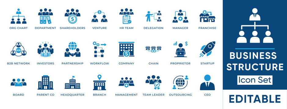 Business structure icon set. Corporate hierarchy, org chart, shareholders, investors, franchise, outsourcing and workflow. Solid vector icons collection.