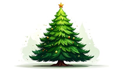 Fototapeta premium Cartoon-style evergreen tree with festive ornaments and a golden star on top, isolated