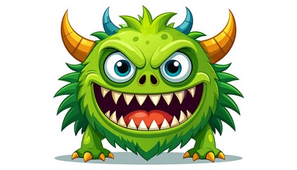 Fototapeta premium Cartoon-style fluffy green creature with horns and a wide grin, displaying sharp teeth