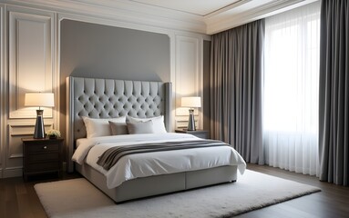 Fototapeta premium Bright bedroom interior featuring clean minimalist decor