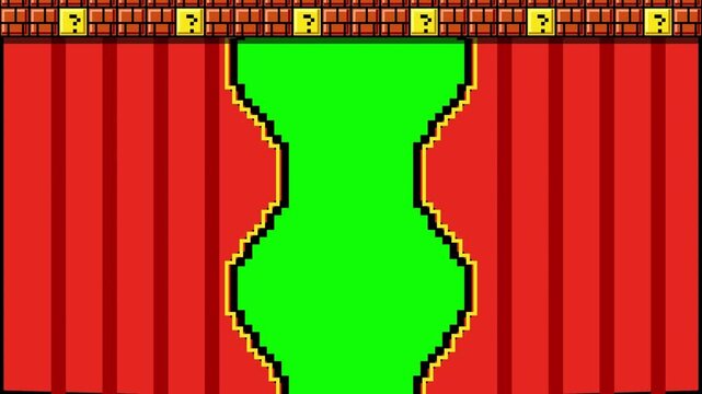 8-Bit Retro Video Game Style Red Curtains Opening to Reveal Green Screen Transition, Pixel Art Animation with Bricks and Question Blocks
