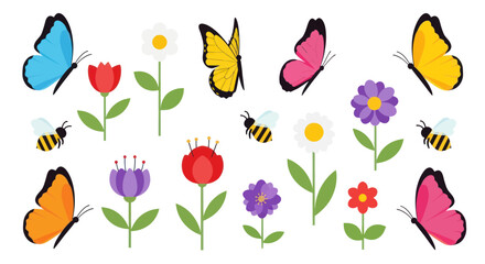 Obraz premium Colorful Butterflies and Bees with Spring Flowers Collection