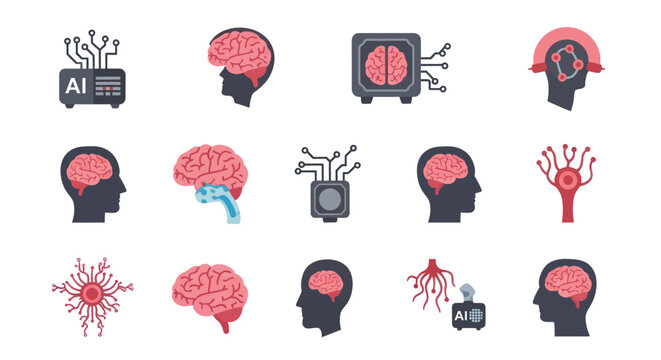 AI Brain Icons: Artificial Intelligence, Neural Network, Machine Learning, Human Mind