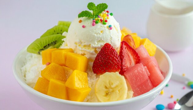 Photorealistic close-up of fruit dessert bowl with ice cream and fresh mixed fruits.