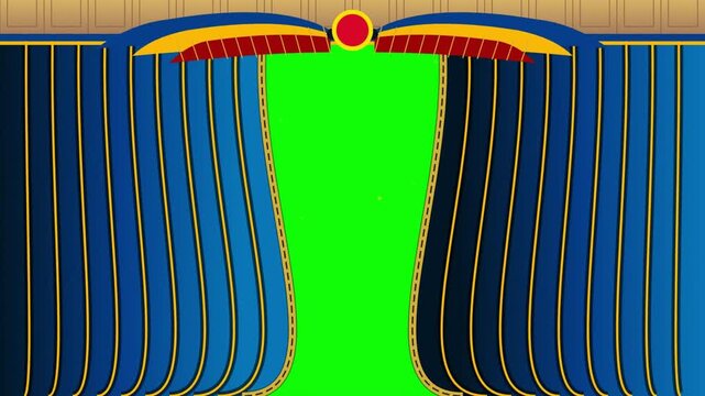 Egyptian Style Blue Stage Curtain with Winged Sun Disk Opening to Green Screen Background