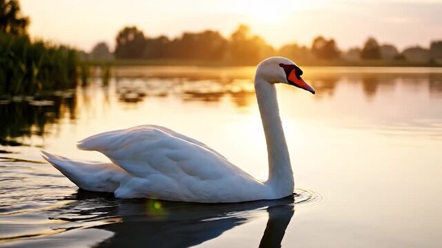 A graceful white bird glides serenely on calm water during sunrise