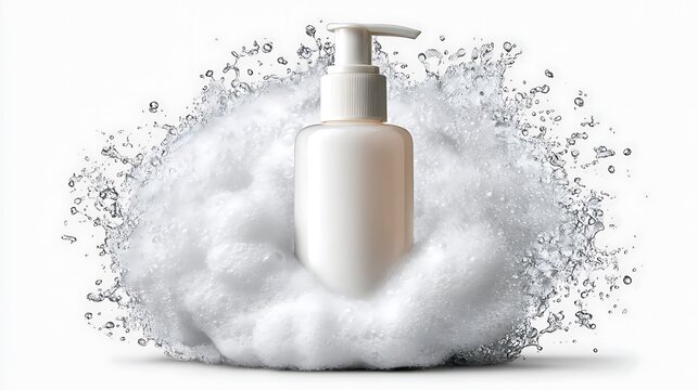 A white cosmetic pump bottle surrounded by a refreshing splash of water and thick bubbly soap foam