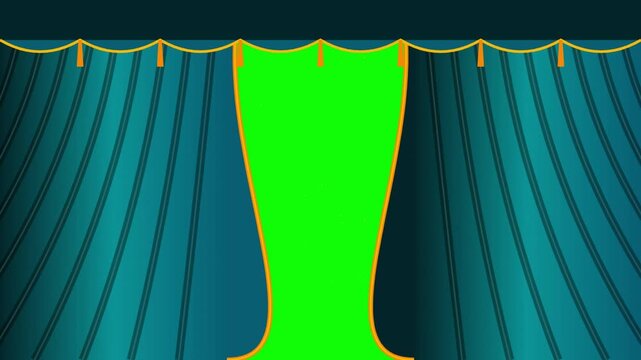 Animated Teal Blue Theater Curtains Opening to Reveal a Green Screen Background for Chroma Key Video Transition