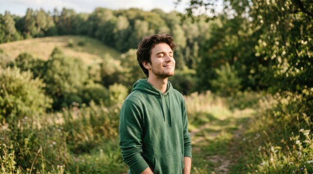 Young man enjoying peaceful nature walk in sunny countryside meadow, eyes closed breathing fresh air, surrounded by green hills, trees and warm golden light

