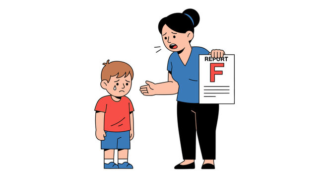 Distraught Mother Scolds Crying Son Over Failing 'F' Grade on School Report Card, Depicting Academic Struggle and Parental Disappointment