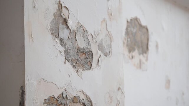 Close-up motion of white wall with peeling paint showing damaged plaster underneath, indicating need for renovation or repair.