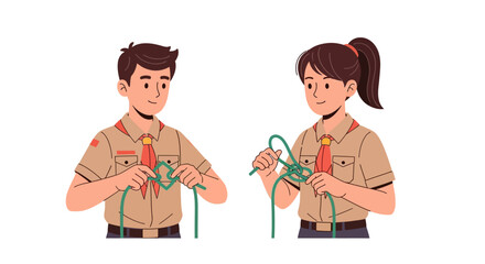 Fototapeta premium Two young scouts learning to tie knots in their uniforms and scarves, demonstrating teamwork and outdoor skills for adventure