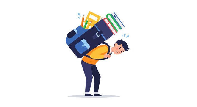 Student burdened with heavy backpack filled with school supplies and books, symbolizing academic pressure and workload