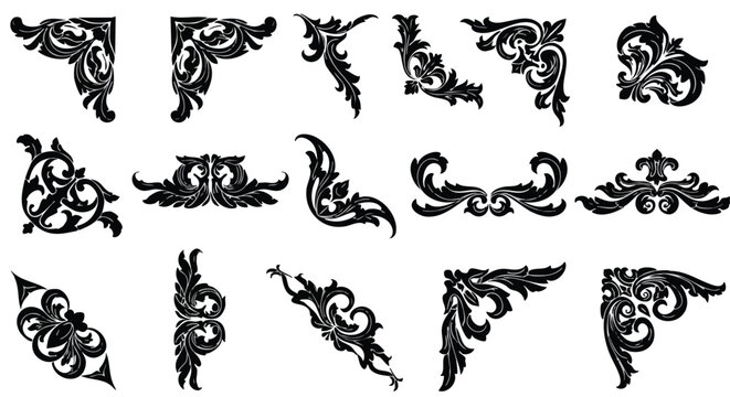 Ornate vintage baroque scrollwork floral pattern elements on a clean white background for design projects