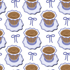 Obraz premium Seamless Pattern of minimal Coffee cup and ribbon bow in Mediterranean hand drawn style Flat design. Isolated Vector illustration Wrapping or Wallpaper backdrop Motivation or mood cards, media post 
