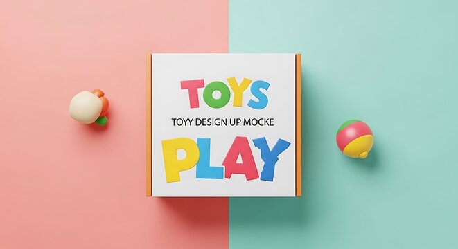A playful top-down mockup of a white toy box with colorful 3D lettering, centered on a split pink and teal background with a small ball and toy accessory.