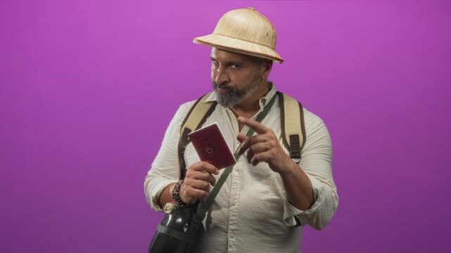 Man, middle age hispanic with grey hair and beard, wearing pith helmet and backpack, holding passport and pointing finger in magenta studio; adventure confidence.