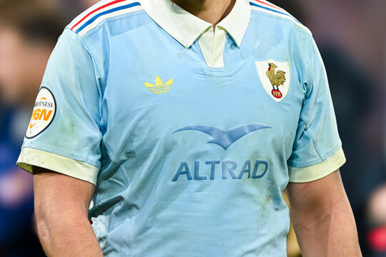 France rugby union player special edition adidas jersey close up, unrecognizable athlete with Altrad sponsor logo and rooster crest, 120 years Crunch match