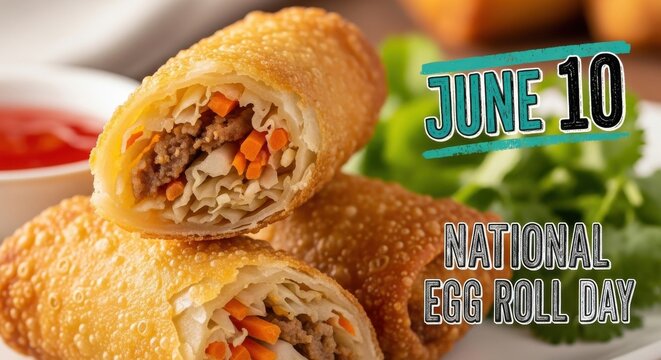 Delicious egg rolls on plate with fresh greens and sauce