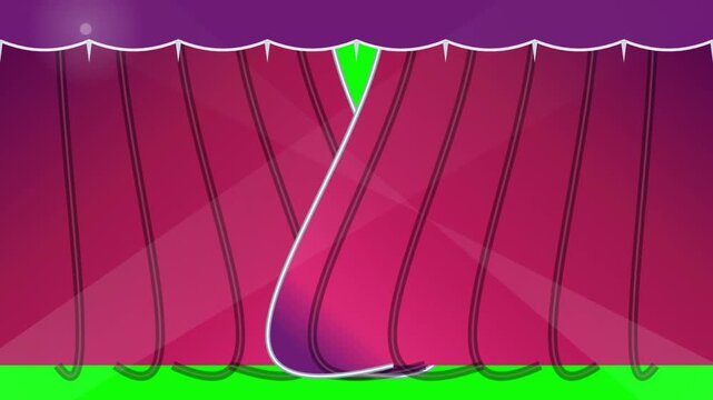 Red stage curtains opening to reveal green screen chroma key background for video editing and theater performance introduction