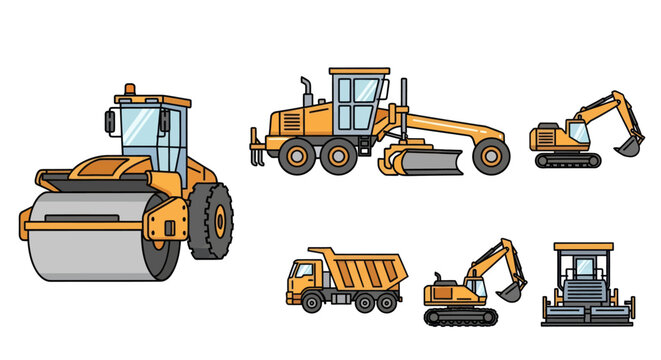Set of construction equipment vehicles including roller, grader, excavators, dump truck, and compactor.