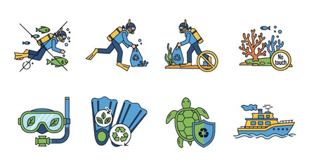 Ocean Conservation Icons: Divers Cleaning Sea, Marine Life Protection, Eco-Friendly Dive Gear © lidot