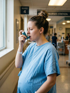 A pregnant fair-skinnedwoman uses an asthma inhaler during an attack to be healthy at home on the couch. The concept of healthy healthcare of the millennium. COPD, lung diseases, severe pregnancy.