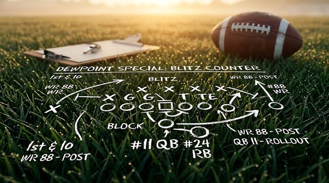 American football play strategy diagram on a grass field at sunset