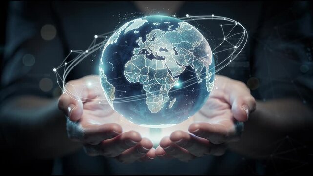 Digital globe with global network connections held in hands representing worldwide technology and communication