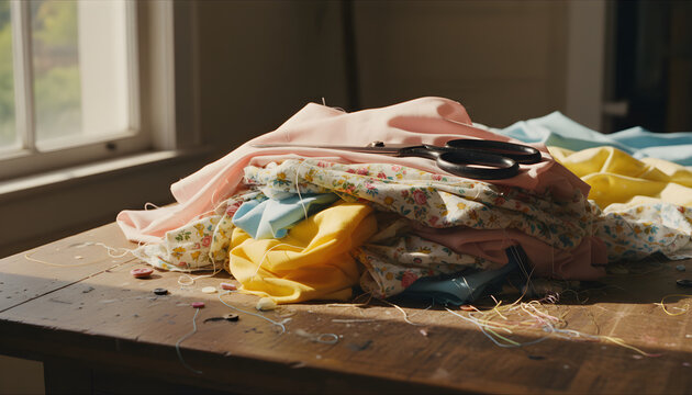 Fabric scraps and scissors on a wooden table