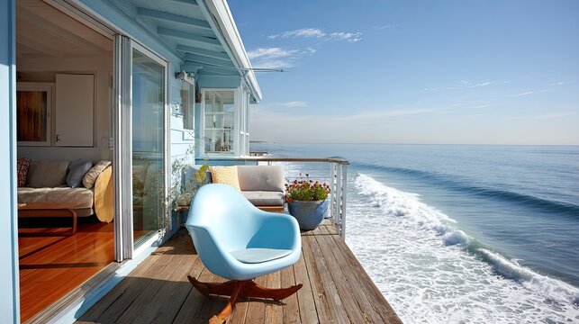 Wooden balcony overlooking rolling ocean waves on a bright sunny day