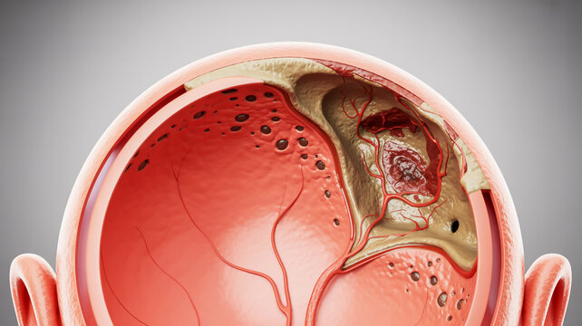 Detailed medical illustration human brain tumor in frontal lobe, skull cross-section, showing impact on cranial anatomy and neural tissue